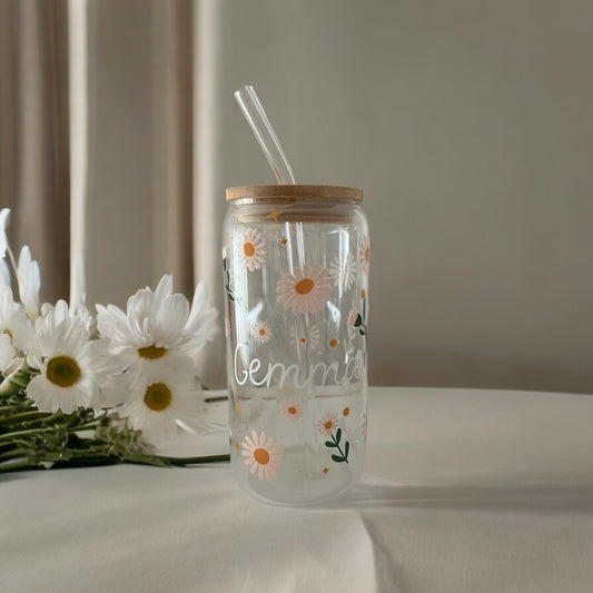 Personalised Daisy 16oz Glass Tumbler with Straw🌱