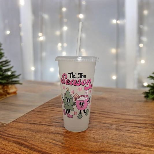 Tis The Season Frosted Plastic Cup with Straw