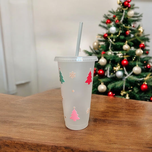 Christmas Tree Frosted Plastic Cup with Straw