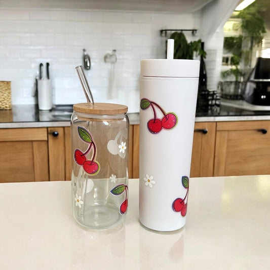 Cherry and Daisy 16oz Glass Tumbler and Plastic Tumbler with Straw