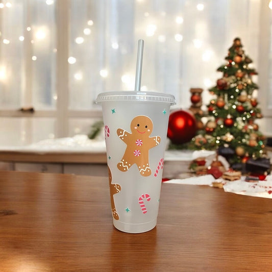 Gingerbread Frosted Plastic Cup with Straw