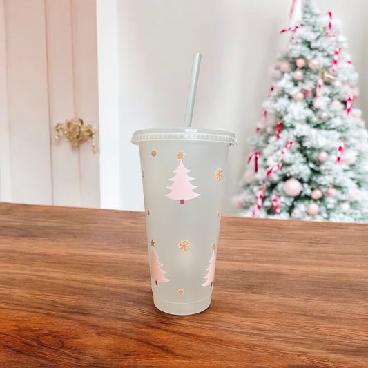 Pink Christmas Tree Frosted Plastic Cup with Straw