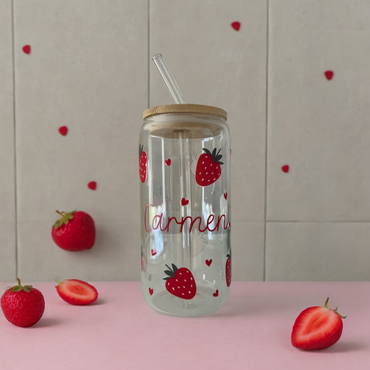 Personalised Strawberry 16oz Glass Tumbler with Straw