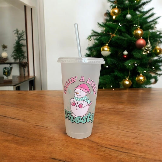 Snowman Frosted Plastic Cup with Straw