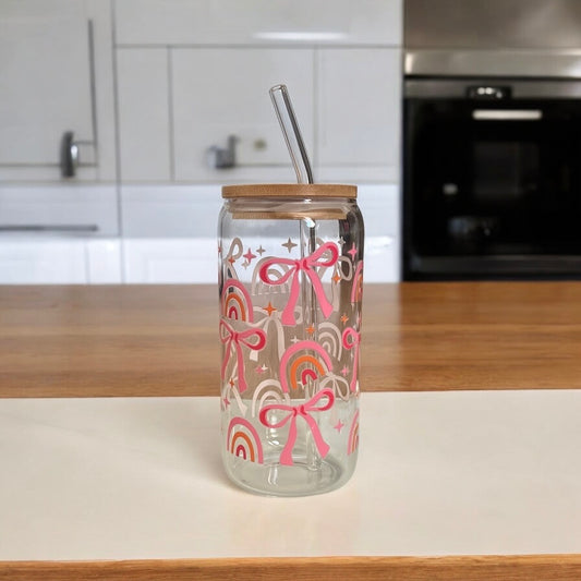 Pink Bow and Rainbow 16oz Glass Tumbler with Straw