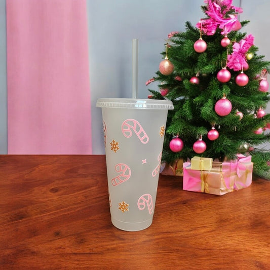 Pink Candy Cane Frosted Plastic Cup with Straw