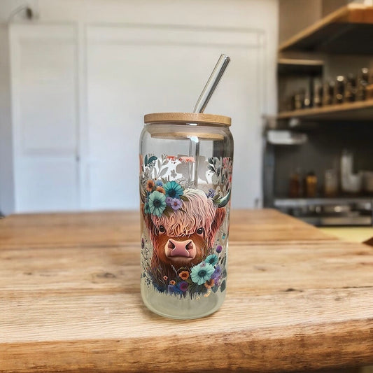 Highland Cow 16oz Glass Tumbler with Straw