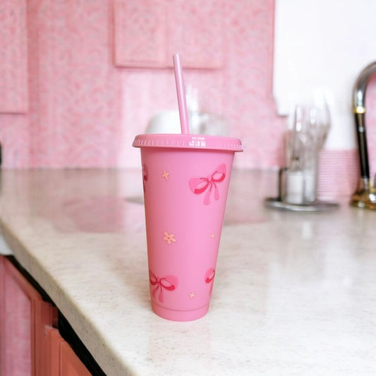 Pink Bow Plastic Cup with Straw