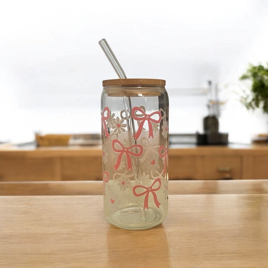 Pink Bow 16oz Glass Tumbler with Straw