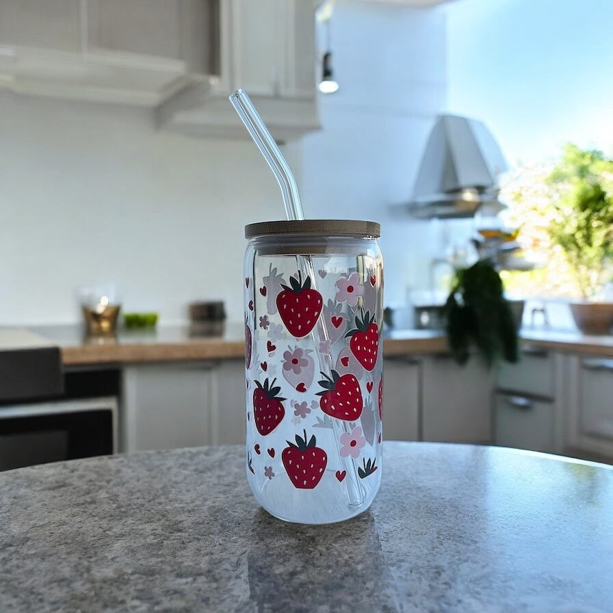 Strawberry 16oz Glass Tumbler with Straw