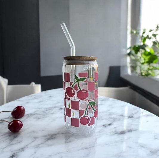 Cherry 16oz Glass Tumbler with Straw