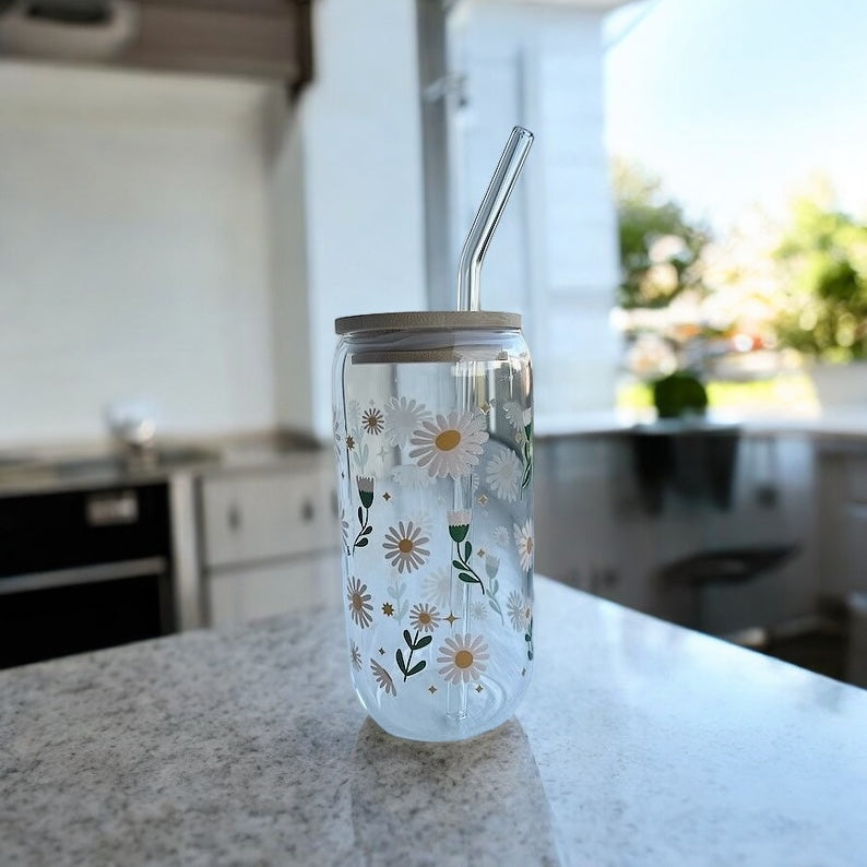 Daisy 16oz Glass Tumbler with Straw