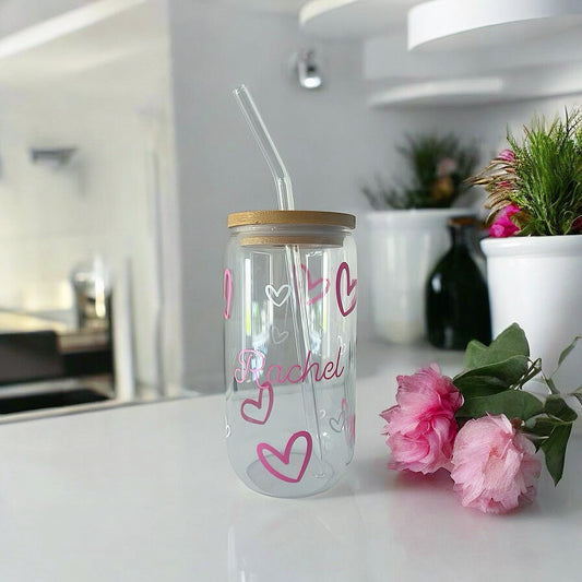 Personalised Love Heart 16oz Glass Tumbler with Straw